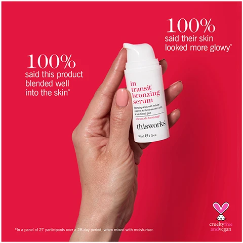 Image 1 - A hand holding a bottle of bronzing serum against a bright pink background, with visible text stating 100% said this product blended well into the skin and 100% said their skin looked more glowy, along with the product name in transit bronzing serum and brand thisworks.
              Image 2 - A brown, creamy cosmetic product smeared on a surface, with labels indicating 4% Vitamin C helps even skin tone, caramel adds a natural sun-kissed glow, and neuroactive Timut Pepper Extract helps improve skin appearance.