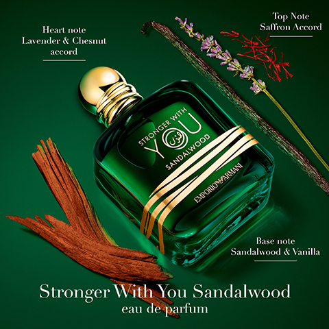 Image 1 - A green bottle of perfume labeled Stronger With You Sandalwood is surrounded by sandalwood sticks, lavender, and other botanical elements, with visible text detailing the fragrance notes: Top Note Saffron Accord, Heart Note Lavender & Chestnut accord, Base Note Sandalwood & Vanilla, and eau de parfum.