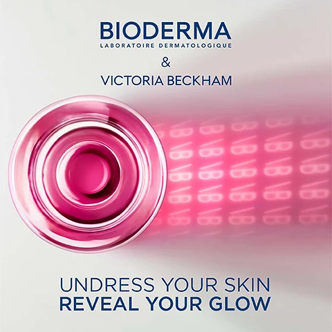 Image 1 - Image showing a top-down view of a pink skincare product with circular design, accompanied by text that reads BIODERMA, LABORATOIRE DERMATOLOGIQUE, & VICTORIA BECKHAM, and the phrases UNDRESS YOUR SKIN REVEAL YOUR GLOW.
              Image 2 - A close-up of a woman’s face displaying smooth skin with visible brown eyes, showing the text 98% Reveals the skin radiance* below her chin, with additional small text mentioning a clinical study.
              Image 3 - A woman with long brown hair, wearing a black top and gold hoop earrings, is holding a pink bottle of Bioderma skincare product close to her ear, with the text BIODERMA LABORATOIRE DERMATOLOGIQUE & VICTORIA BECKHAM displayed prominently above her.
              Image 4 - A transparent bottle labeled Bioderma & Victoria Beckham contains a pink liquid, with the words Sensibio H2O and Limited Edition visible on the label and a shadow of the bottles logo displayed on a light surface.
              Image 5 - A smiling woman with long brown hair is wearing a white top, and the image includes text that reads: DR. ALEXIS GRANITE DERMATOLOGIST Sensibio H2O does not need to be rinsed-off: its minimalist biomimetic formula at physiological pH provides a high cleansing efficacy while respecting the skin barrier.