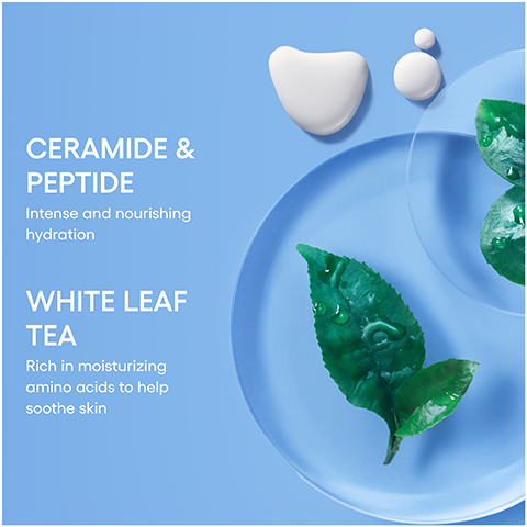 Image 1 - Image shows two green leaves with water droplets on a blue background, accompanied by two blobs of white cream; text includes CERAMIDE & PEPTIDE Intense and nourishing hydration and WHITE LEAF TEA Rich in moisturizing amino acids to help soothe skin.