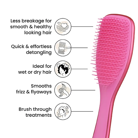 Image 1 - A pink hairbrush is shown on the right side of the image, with four labeled icons and brief descriptions to the left that highlight its features: less breakage for smooth & healthy looking hair, quick & effortless detangling, ideal for wet or dry hair, smooths frizz & flyaways, and brush through treatments.
              Image 2 - A person with long, dark hair is using a pink hairbrush, with accompanying text that reads Regular-flex teeth for straight to curly hair.
              Image 3 - A woman with long, straight, blonde hair is shown from behind, with the left side labeled BEFORE showing tangled hair and the right side labeled AFTER showing smooth hair; visible text includes 75% experienced no tugging, pulling or pain when brushing* and 80% agree that they have fewer knots and tangles*.
              Image 4 - A pink hairbrush with a two-tiered design and a diagram showing how the teeth work, accompanied by text that describes its patented technology for healthy-looking hair and details on how the long flexible teeth detangle hair while short teeth smooth the cuticles for shiny, frizz-free results.
              Image 5 - A pink hairbrush is shown in three sizes (mini, regular, and large) with corresponding height and width measurements, featuring icons indicating hair types: fine straight-curly, fine straight, curly-coily, thick-long, and a label that reads For daily detangling.