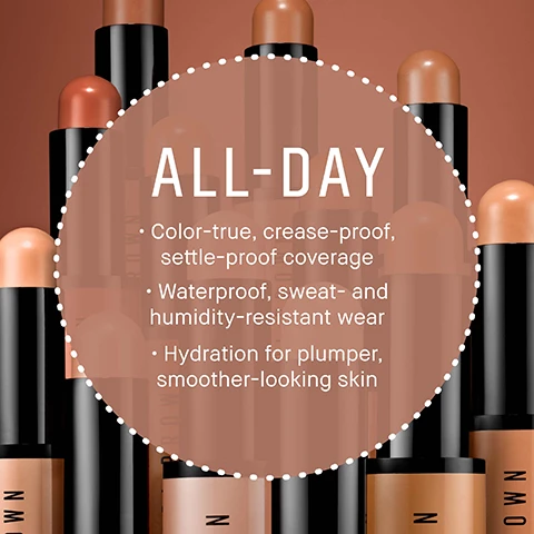 Image 1 - A collection of makeup sticks with various shades is displayed against a warm brown background, featuring large text that reads ALL-DAY, with bullet points detailing features such as color-true coverage, waterproof wear, and hydration for smoother-looking skin.
              Image 2 - An image showing color swatches for concealer shades with two main sections labeled Bluish-Purple Undereye Discoloration? and Greenish-Brown Undereye Discoloration? along with lists of corrective shades such as Extra Light Bisque, Light Peach, and Very Deep Peach.
              Image 3 - Image shows three arms displaying various shades of a corrector stick with visible labels and numbers for each shade, from Porcelain Peach to Rich Peach, organized in rows. The left arm is light-toned, the middle arm is medium-toned, and the right arm is dark-toned. Visible text includes shade names and corresponding numbers from 1 to 16.
              Image 4 - Image shows four skincare and makeup products from Bobbi Brown, arranged in a grid format, with step numbers and product descriptions: Step 1 - Vitamin Enriched Eye & Face Base, Prep, Prime & Moisturise; Step 2 - Skin Corrector Stick, Effortless Colour Correction; Step 3 - Skin Concealer Stick, Easy, Long-Lasting Concealer; Step 4 - Weightless Skin Foundation, Lightweight, Breathable, Hydrating.