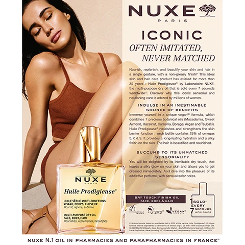 Image 1 - A woman with dark hair, wearing a brown tank top, is lounging while holding a bottle of NUXE Huile Prodigieuse in front of her; visible text includes NUXE PARIS ICONIC OFTEN IMITATED, NEVER MATCHED and product details about the oil.
              Image 2 - A close-up of a creamy white texture with the bold text 48H MOISTURISING CREAM and a stopwatch icon.