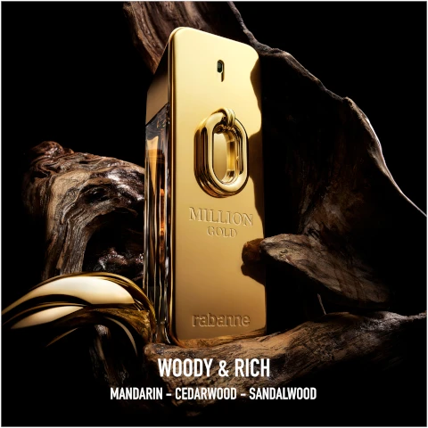 Image 1 - A gold perfume bottle with the text 1 MILLION GOLD and rabanne is placed on dark, textured wood, accompanied by the words WOODY & RICH and MANDARIN - CEDARWOOD - SANDALWOOD.
              Image 2 - Four gold perfume bottles are displayed, labeled Million Eau de Toilette, Million Parfum, Million Elixir, and Million Gold Eau de Parfum Intense, with descriptions Fresh & Spicy, Hot & Intense, Sensual & Absolute, and Woody & Rich, respectively.