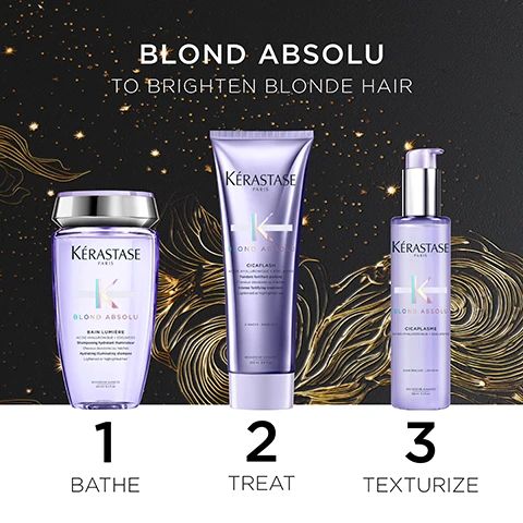 Image 1 - Image of three Kérastase hair care products labeled Blond Absolu with text reading TO BRIGHTEN BLONDE HAIR, featuring 1 BATH, 2 TREAT, and 3 TEXTURIZE below each product.
              Image 2 - A sleek black box featuring golden swirls and the text Kérastase Paris Blond Absolu, with icons indicating it is made of 89% recycled fibers, is recyclable, and certified by FSC.