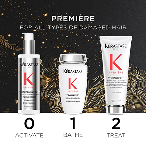 Image 1 - Image shows three hair care products arranged on a dark background with golden floral designs, labeled PRÉMIÈRE FOR ALL TYPES OF DAMAGED HAIR, featuring K ÉKARASTASE PARIS, a liquid pump bottle labeled 0 ACTIVATE, a round container labeled 1 BATHÉ, and a tube labeled 2 TREAT.
              Image 2 - A woman with long, wavy red-brown hair is looking directly at the camera, wearing a white top, with hair care products from the brand Kérastase displayed beside her, accompanied by promotional text about the product benefits such as recreating hair strength and freeing hair from calcium buildup.
              Image 3 - A black box with gold swirling designs, featuring the text Kérastase Paris and labels indicating sustainable packaging, stating box made of 89% recycled fibers, recyclable, and FSC certified.