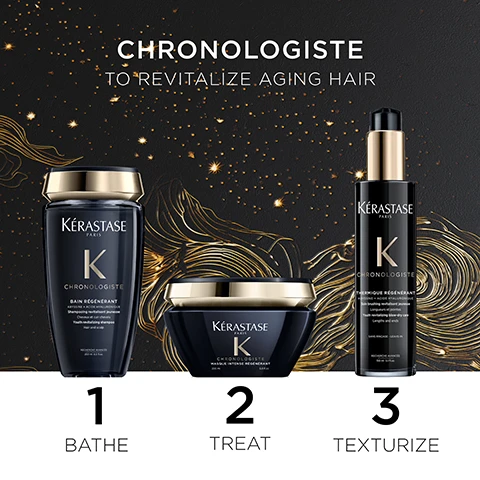 Image 1 - Three hair care products are displayed against a dark textured background with golden swirl designs; the products include a black shampoo bottle labeled Kérastase Chronologiste Bain Régénérant, a black treatment jar labeled Kérastase Chronologiste Masque Intense Régénérant, and a black spray bottle labeled Kérastase Chronologiste Thermique Régénérant, accompanied by the text CHRONOLOGISTE TO REVITALIZE AGING HAIR and numbered 1, 2, and 3 for their use sequence.
              Image 2 - A close-up image of a woman with long, straight hair showcasing healthy, shiny locks, accompanied by product packaging of Kerastase hair care items, and text that reads Chronologiste +87% more hydrated hair* 6x shinier hair* +55% scalp hydration**.
              Image 3 - A decorative black box with gold swirling designs featuring the text Kerastase Paris, Chronologiste, and icons indicating it is made of 89% recycled fibers, recyclable, and FSC certified.