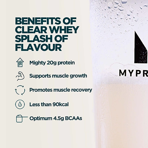 Image 1 - A graphic lists the benefits of Clear Whey Splash of Flavour next to a glass of liquid with condensation and a partially visible Myprotein logo, stating BENEFITS OF CLEAR WHEY SPLASH OF FLAVOUR, Mighty 20g protein, Supports muscle growth, Promotes muscle recovery, Less than 90kcal, Optimum 4.5g BCAAs, and MYPRO. Image 2 - A pale pink drink in a glass garnished with two raspberries and a lemon slice, with text above that reads NATURALLY SWEETENED, TASTEFULLY LIGHT. 3 FLAVOURS TO CHOOSE FROM. Image 3 - A person holds a clear shaker bottle with pink liquid and the Myprotein logo, next to text that reads UKS NO. 1 PROTEIN POWDER BRAND Consistency, quality, and over 20 years of getting it right. Backed by Euromonitor the global authority on market data. Myprotein Source: Euromonitor International Limited; Consumer Health 2023ed, Myproteins retail value sales, World 2023 data.