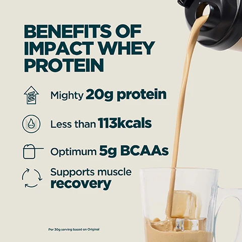 Image 1 - A protein shake is poured from a shaker bottle into a glass with ice cubes, next to text listing benefits: BENEFITS OF IMPACT WHEY PROTEIN Mighty 20g protein Less than 113kcals Optimum 5g BCAAs Supports muscle recovery Per 30g serving based on Original. Image 2 - Overhead view of an iced coffee with milk and ice cubes in a glass, with scattered coffee beans around it, alongside the text MADE WITH REAL COFFEE and the Jimmys logo with a crown. Image 3 - A dark container pours a stream of light brown liquid down the left side against a beige background, with text overlaying it that reads: DESIGNED TO BE USED WITH MILK To best enjoy this product, and as it contains no added sweeteners, we recommend mixing 33g (Approx. 1 scoop) with 200ml of milk. The milk will help enhance the natural taste and provide a smoother, more indulgent experience. Image 4 - A person holds a protein shaker bottle with a light-colored drink, alongside white text listing product benefits: 20 YEARS OF RELENTLESS REFINEMENT, Expertly crafted by nutritionists, Quality assured by independent testers, Formulas refined by real research, Produced at Myproteins outstanding facilities. Image 5 - Text on a dark background reads UKS NO. 1 PROTEIN POWDER BRAND Consistency, quality, and over 20 years of getting it right. Backed by Euromonitor, the global authority on market data. and Source: Euromonitor International Limited; Consumer Health 2023ed, Myproteins retail value sales, World 2023 data., with a white protein shaker bottle labeled MYPROTEIN containing a light brown protein shake visible on the right. Image 6 - A person with tattoos holds a Myprotein shaker bottle with a light-colored drink, displayed over a translucent box containing text that reads TASTES GOOD, HIGH PROTEIN CONTENT, AND MIXES WELL WITH MILK! MYPROTEIN COMMUNITY MEMBER, along with a Trustpilot logo and a rating of 4.4 based on over 194k reviews.