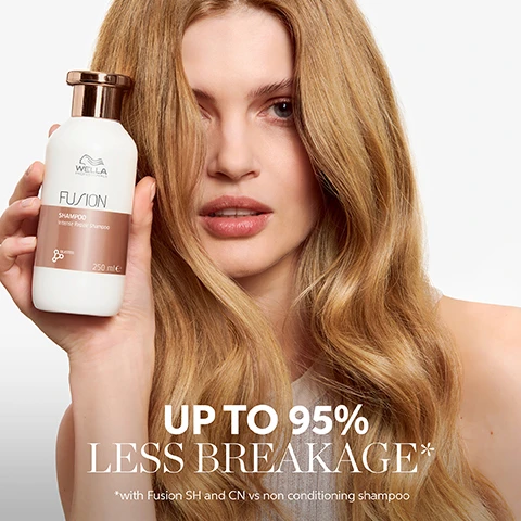 Image 2 - A woman with long, flowing blonde hair holds a bottle of Wella Fusion Intense Repair Shampoo while looking directly at the camera, with text below stating UP TO 95% LESS BREAKAGE* *with Fusion SH and CN vs non conditioning shampoo.
              Image 3 - A person is pouring a white shampoo from a bottle into their hand, with the product labeled Fusion and key benefits listed as Intense Repair, Smoothness, and Metal Purifier beside it.
              Image 4 - A woman with long, wavy hair is holding a jar of Wella Fusion hair mask and looking at the camera, accompanied by the text UP TO 95% LESS HAIR BREAKAGE* *Fusion Shampoo and conditioner or Fusion Mask vs non conditioning shampoo.
              Image 5 - A hand with pale pink nails is holding a small amount of cream above a white jar labeled WELLA FUSION Mask, with text nearby indicating benefits like Intense Repair, Smoothness, Anti-breakage, and Metal Purifier.
              Image 6 - A hand is holding a bottle of hair oil, with some oil dripping onto the wrist, and there is text that says UP TO 3X SMOOTHER HAIR* followed by *SH, MSK and oil vs non-conditioning SH.
              Image 7 - A clear bottle of Wella Oil Reflections hair smoothing oil is displayed against a beige background, with icons and text indicating Smoothness, Shine, Anti-frizz, and Soft Hair.