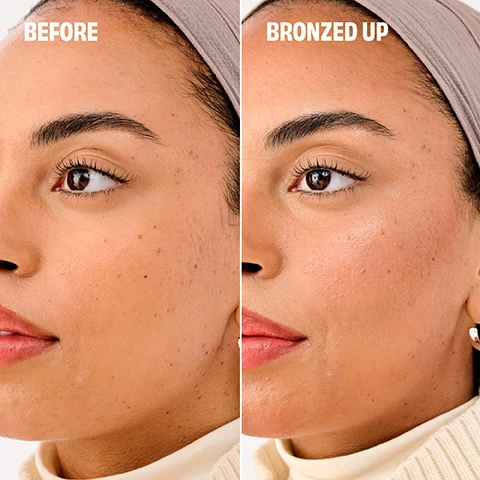 Image 1 - Image shows a side-by-side comparison of a womans face, with the left labeled BEFORE displaying a natural skin tone with visible freckles, and the right labeled BRONZED UP showing the same woman with enhanced bronzed skin that appears smoother and glowy.
              Image 2 - A layered arrangement of makeup shades in various tones labeled as Light, Original, NEW! Medium, NEW! Medium Deep, and NEW! Deep.
