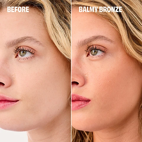 Image 1 - A split image shows a womans face from the side; the left side labeled BEFORE has a natural skin tone with visible freckles, while the right side labeled BALMY BRONZE shows a bronzed complexion without imperfections.
              Image 2 - A woman with curly hair and a headband applies makeup with a pink brush to her cheek, with the text Hoola Wave, Creamy, blendable balm, Sun-kissed natural finish, 12-hour longwear* & waterproof visible on the image.
              Image 3 - A close-up of a woman with freckles applying makeup with a brush on her cheek, surrounded by a pink floral background, with visible text reading GET IT ON, Apply Hoola Wave on cheeks, forehead, nose, jawline, or all over face. Build and blend as desired.