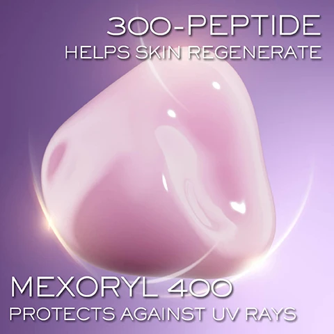 Image 1 - A glossy pink blob representing a skincare product is centered on a soft purple background, with the text 300-PEPTIDE HELPS SKIN REGENERATE and MEXORYL 400 PROTECTS AGAINST UV RAYS prominently displayed.
              Image 2 - A woman with a glowing complexion applies a light cream to her cheek while smiling at the camera, with the text CLINICALLY PROVEN ON UK WOMEN* visible at the bottom.
              Image 3 - Two skincare products are displayed: a jar of Lancôme Rénérgie H.P.N. UVMune Cream SPF 50 and a bottle of Lancôme C.R.X. Triple Serum Retinol, with text detailing usage instructions that say APPLY H.P.N. UVMUNE CREAM EVERY MORNING and FOLLOW WITH C.R.X. TRIPLE SERUM RETINOL AT NIGHT.