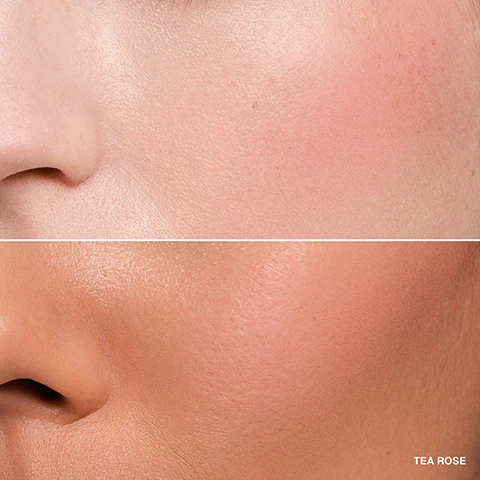 Image 1 - Image showing a close-up of two different skin tones on the cheeks, with the top blush shade appearing lighter and the bottom shade darker, labeled TEA ROSE at the bottom right.
              Image 2 - A pink cream-to-powder blush is shown in a clear jar with a black lid, accompanied by text that says ALL DAY WEAR, 8-hour wear, Velvety whipped texture, Cream-to-powder formula, Easy-to-wear, skin-flattering shades, and Soft matte finish.
              Image 3 - Image of a woman’s face shown in three sections: the first shows her skin without makeup labeled Before, the second shows her with a soft flushed look labeled Blur for a sheer flush, and the third displays her with a more vibrant blush labeled Build for a pop of color.
              Image 4 - Image shows a comparison chart for blush options featuring two product images: a pink cream-to-powder formula labeled NEW POT ROUGE VELVET MATTE and a pink creamy formula labeled POT ROUGE, alongside descriptions of their textures, finishes, and shade ranges stating soft matte finish and dewy finish, with skin-enhancing shades for all noted for both products.
              Image 5 - Three arms with various skin tones display swatches of 12 different matte lip colors, each labeled with a corresponding number from 1 to 12, with the text POT ROUGE VELVET MATTE above on the left side.