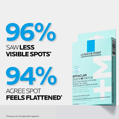 Image 1 - Image of a La Roche-Posay product box for Effaclar Duo+M Patch featuring statistics stating 96% saw less visible spots and 94% agree spot feels flattened, with minor text that includes self-assessment details, “22 Patches.”
              Image 2 - The image shows a product box from La Roche-Posay for a multi-action patch designed to reduce blemishes, with visible text stating 3H MULTI-ACTION PATCH SHIELDS. TARGETS. CLEARS. and CLINICALLY PROVEN TO VISIBLY REDUCE SPOTS.
              Image 3 - An image of a blue and white product box labeled La Roche-Posay Effaclar Duo+M Patch, with prominent text reading Hydrocolloid Technology and 420 µM Tech for optimal absorption + skin repair.
              Image 4 - The image shows three skincare products from La Roche-Posay: a blue tube of Effaclar Purifying Foaming Gel labeled as number 1, a white tube of Effaclar Duo+M Moisturiser labeled as number 2, and a blue and white box of Effaclar Duo+M Patch labeled as number 3.
              Image 5 - An image comparing two La Roche-Posay products for managing mild spots: the Effaclar Duo+M Moisturiser, a tube, and the Effaclar Duo+M Patch box, highlighting their ingredients and benefits; visible text includes product descriptions, ingredients like salicylic acid and niacinamide, and their uses such as daily moisturiser and multi-action patch.
              Image 6 - A hand holding a transparent pack of circular patches labeled Effaclar Duo + M Patch for blemish-prone skin, with additional text stating Also suitable for skin prone to acne & sensitive skin.
              Image 7 - The image shows a box of La Roche-Posay Effaclar Duo+M Patch with a partially visible plastic sheet containing circular patches, along with the text #1 DERMATOLOGIST RECOMMENDED BRAND IN THE UK* and details about the product on the packaging.