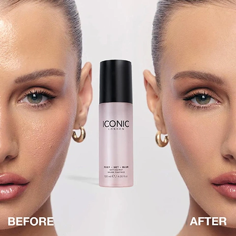 Image 1 - A split image of a womans face shows skin with visible texture on the left labeled BEFORE and smoother skin on the right labeled AFTER, with an Iconic London Prep-Set-Blur setting mist bottle in the center labeled ICONIC LONDON PREP - SET - BLUR SETTING MIST BRUME FIXATRICE 120 ml ℮ / 4.05 fl.oz. Image 2 - The image displays a pink panel on the left with the text PICK YOUR FINISH, PREP SET BLUR AIRBRUSHED FINISH WITH 16 HOUR FIX, PREP SET GLOW INSTANT GLOW AND DEWY HYDRATION, next to three womens faces, each split vertically to show a glowing finish labeled PREP. SET. GLOW. on the left side and a blurred finish labeled PREP. SET. BLUR. on the right side. Image 3 - A hand holds an Iconic London Prep Set Blur setting mist, spraying a fine mist against a pink background, with visible text reading PREP. SET. BLUR. ULTRA-FINE MIST FOR A SOFT FOCUS, FLAWLESS FINISH. PREP ABSORB OIL & SMOOTH SKIN. SET UP TO 16-HOUR MAKE-UP LOCK. BLUR INSTANT FILTERED FINISH. The bottle label also shows ICONIC LONDON PREP + SET + BLUR SETTING MIST BRUME FIXATRICE 120 ml e / 4.05 fl.oz. Image 4 - A woman with dark hair and fair skin looks up while holding a pink spray bottle labeled ICONIC LONDON near her mouth, with text below reading PREP. SET. BLUR INSTANT AIRBRUSHED FILTER. 16 HOUR HOLD. Image 5 - Three pink spray bottles for Iconic London Prep Set Blur are displayed next to a list of Key Ingredients: Niacinamide Reduce the appearance of texture, Soft-Focus Blurring Powder Reduce pores and minimize shine, Antioxidants Help to even the skins tone. Image 6 - A woman with dark hair and natural makeup looks confidently at the viewer, her bare shoulders visible, next to text that reads 90% SAID SKIN LOOKS SMOOTHER*, 90% SAID IT ENHANCES LOOK OF SKIN & MAKEUP*, 88% SAID IT SET MAKE-UP ALL DAY*, 84% SAID IT BLURS SKIN TEXTURE*, *consumer study of 108 people. Image 7 - A translucent pink setting spray bottle, labeled ICONIC LONDON PREP - SET - BLUR SETTING MIST BRUME FIXATRICE 120 ml e / 4.05 fl.oz., sprays a fine mist upward next to a rose gold compact, labeled ICONIC LONDON, all against a pink gradient background with white text that reads LONGWEAR SET & LOCK ROUTINE, STEP 1: Velvet Blur Translucent Setting Powder, set make-up & combat excess oil, STEP 2: Prep Set Blur, instant airbrushed finish & 16 hour hold.