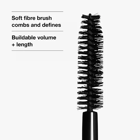 Image 1 - A black mascara brush with soft bristles is shown, accompanied by text that reads Soft fibre brush combs and defines and Buildable volume + length.
              Image 2 - Image shows a close-up of an eye with clear blue irises in two sections; the top section labeled Before shows short, uncoated lashes, while the bottom section labeled After application displays longer, more defined lashes with mascara.
              Image 3 - A close-up image of a persons eye and nose, featuring makeup application with a mascara wand, and text stating The Clinique Eye Safety Promise with additional details about ophthalmologist testing, suitability for sensitive eyes, and safety for contact lens wearers.