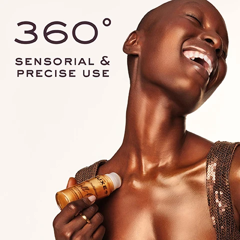 Image 1 - A woman with a shaved head smiles joyfully while applying a product to her shoulder, wearing a shimmering top, with the text 360° SENSORIAL & PRECISE USE above her.
              Image 2 - A smiling woman with dark skin wearing a sequined top holds a bottle of skincare product, with text stating 100% find their skin instantly luminous and use test - 19 volunteers - % of satisfaction after 28 days.