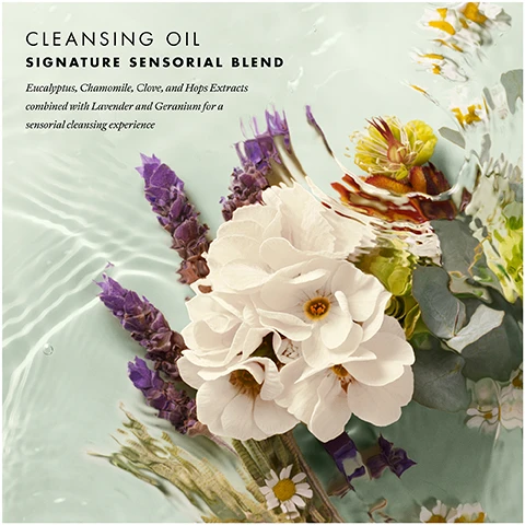 Image 1 - A composition of flowers and plants in rippling water with the text CLEANSING OIL SIGNATURE SENSORIAL BLEND Eucalyptus, Chamomile, Clove, and Hops Extracts combined with Lavender and Geranium for a sensorial cleansing experience.
              Image 2 - Close up of a white bottle with a gold neck and white pump dispenser, with liquid dripping from the spout and down the side of the bottle, with text EVE LOM CLEANSING OIL 95% Feel their skin barrier is supported and non-stripped. 92% Confirm this effectively removed makeup, including waterproof, SPF & impurities. 91% Agree their skin feels deeply cleansed. 91% Skin immediately felt soft after use.
              Image 3 - A hand pumps cleansing oil from an EVE LOM bottle into the palm of another hand showing CLEANSING OIL HOW TO USE: EVE LOM CLEANSING OIL HUILE DE DEMAQUILLAGE Dispense 2-3 pumps into hand and massage into skin.
