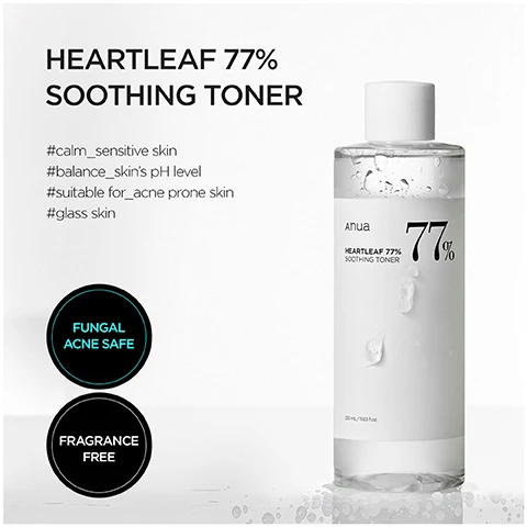 Image 1 - A clear bottle of Heartleaf 77% Soothing Toner with visible text indicating its benefits for calming sensitive skin, balancing skins pH level, suitability for acne-prone skin, and promoting glass skin, along with icons stating its fungal acne safe and fragrance free.
              Image 2 - A person holds a bottle of Heartleaf 77% Soothing Toner, with instructions on how and when to apply it displayed alongside: how to apply, apply with a cotton pad or pat with your fingertips all over the face; when to apply, use after cleansing as part of both your morning and night skincare regimen, with information about its mild ingredients and everyday use.
              Image 3 - A woman holds a bottle of skincare product in one hand and looks at the camera with a natural glow, featuring text that reads FIRST STEP OF GLASS SKINCARE REGIMEN and Enhances the absorption of serums, ampoules and moisturizers as the first step of your skincare routine, perfectly prepping your skin before makeup to achieve glowy glass skin look.
              Image 4 - Image shows a comparison of skin before and after treatment, with two before images of different areas of the face on the top row and two after images on the bottom row, along with text stating PROVEN EFFECTIVE THROUGH CUSTOMER REVIEWS AFTER ACTUAL USAGE and bullet points for visible results: Acne Reduction, Sebum Care, and Soothes Skin.