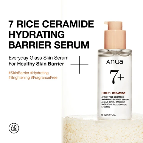 Image 1 - A bottle of Anua 7 Rice Ceramide Hydrating Barrier Serum is displayed on a bed of rice, with text that reads 7 RICE CERAMIDE HYDRATING BARRIER SERUM Everyday Glass Skin Serum For Healthy Skin Barrier and includes hashtags #SkinBarrier #Hydrating #Brightening #FragranceFree.
              Image 2 - Image of a skincare serum bottle with a light-colored cap, labeled Everyday Brightening & Moisturizing Serum for Normal Skin Types, featuring text highlighting its benefits: Brightens uneven skin tone, soothes and hydrates the skin, and helps enhance the skin barrier, along with Anua 7+ Rice 7 + Ceramide.
              Image 3 - Image shows a skincare product description featuring gentle ingredients: Rice, Niacinamide, and Ceramides; with text about Anua Ricera, Niacinamide, Arbutin, Zinc, Panthenol, Hyaluronic Acid, Honey Extract, and Glycerin benefits.
              Image 4 - A close-up image of a persons face displaying healthy skin with a glowing finish, accompanied by text that states Clinically Proven Results 100% Satisfied with the texture of the formulation 100% Experienced satisfaction with the soothing effect 100% Satisfied with the moisturizing effect.
              Image 5 - The image illustrates a chart showing skin barrier improvement with text stating Clinically Proven To Improve The Skin Barrier! and Skin Barrier Improvement, alongside metrics indicating an improvement of 45.4% before use, after 2 weeks, and 63.9% after 4 weeks, with a note about the results of a clinical trial.
              Image 6 - An image of a skincare product bottle with a pump dispenser next to text instructions that explain when to apply the serum, including steps for usage, application amount, and frequency of use. The visible text states: When To Apply Use after cleansing and toning, up to twice daily. Always finish with sunscreen for daytime. Smooth 2-3 pumps all over the skin. A little goes a long way. Can be used every day, AM & PM.