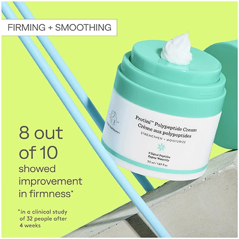 Image 1 - A teal jar of Frotini Polypeptide Cream with a swirl of cream on top sits on a light background, alongside two blue straws, with text stating 8 out of 10 showed improvement in firmness and a note about the clinical study.
              Image 10 - Image shows a side-by-side comparison of a womans face, with the left side labeled BEFORE showing a matte skin texture and the right side labeled AFTER displaying a more radiant and glowing complexion.
              Image 11 - A close-up of a smooth, light blue gel-cream textured surface with the text LIGHTWEIGHT and GEL-CREAM in bold, green font.
              Image 2 - A light green jar with a white cream topping is displayed, along with text highlighting ingredients and their benefits: Pygmy waterlily stem cell extract for skin replenishment, signal peptide complex for moisture binding, and soybean folic acid ferment extract for youthful skin.
              Image 3 - Image shows a side-by-side comparison of skin before and after four weeks of using a product, with visible improvements in texture; the left side is labeled Before and the right side is labeled After 4 Weeks, with text below stating Visible improvement in firmness and reduction in fine lines and wrinkles.
              Image 4 - Image of a skincare product with an orange cap and label, surrounded by an orange wave design, and text stating clinically proven benefits, including improving skin tone and texture, with statistics showing 84% agreed skin felt smoother and 74% agreed complexion looked more even and radiant.
              Image 5 - A bottle of day serum with an orange cap is shown on a pink background, along with text describing the products features: 15% vitamin C firms and brightens while minimizing signs of photoaging, pumpkin ferment and pomegranate extract help dissolve dead surface skin cells, and Chronocyclin mimics the antioxidant benefits of vitamin D for youthful-looking skin.
              Image 6 - A split image shows a close-up of a persons face with the top half labeled BEFORE, displaying visible wrinkles and uneven skin tone, and the bottom half labeled AFTER, showing smoother skin and reduced wrinkles.
              Image 7 - A close-up of a creamy, wavy pink and gold texture with visible text reading ILLUMINATING SHEER FLUID in green boxes at the bottom.
              Image 8 - A bottle of Drunk Elephant B-Goldi Bright Drops is displayed against a pink background, with text stating that 100% showed improvement in skin-tone evenness and brightness, 97% showed improvement in skins clarity, and 97% showed a reduction in dark spots, hyperpigmentation, and fine lines, based on a clinical study with 30 people after 8 weeks.
              Image 9 - A bottle of B-Goldi Bright Drops with a gold cap is shown against a pink background, with text on the right listing ingredients and benefits: 5% niacinamide helps improve signs of aging, Diglucosyl gallic acid inhibits excess melanin production, and Morus alba leaf extract soothes skin.