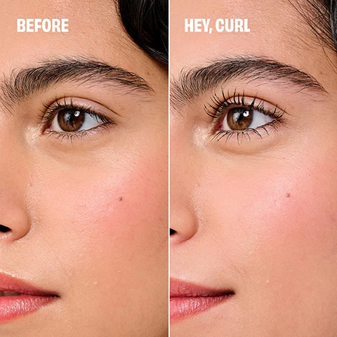 Image 1 - Image shows a close-up of a womans face, with the left side labeled BEFORE showing natural lashes and the right side labeled HEY, CURL showcasing curled and defined lashes.
              Image 2 - A close-up of an eye with long, curled eyelashes, while a mascara brush is held above it, accompanied by text that reads HOOK ‘N’ ROLL BRUSH and Hooks, separates & extends for super curled lashes.
              Image 3 - Image shows two different sizes of Benefit Roller Lash mascara, one labeled FULL and the other labeled MINI, with a close-up of each mascara wand.