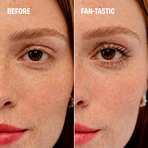 Image 1 - A close-up of a womans face divided into two sections, showing her eye before and after mascara application, with the words BEFORE on the left and FAN-TASTIC on the right.
              Image 2 - A collage displaying four different types of eyelashes with close-up views of each eye; labeled with fine, thin, short, and curly around the images.
              Image 3 - A close-up of a young woman applying mascara to her eyelashes with visible text on the right that reads FAN OUT LASHES SIDE-TO-SIDE, AMPLIFY VOLUME, MULTIPLY THE LOOK OF LASHES.