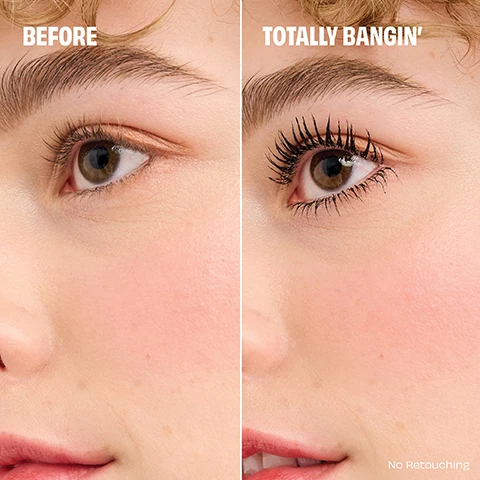 Image 1 - A close-up of a persons face showing two sides: the left labeled BEFORE with natural lashes and the right labeled TOTALLY BANGIN with enhanced, voluminous lashes; the text No Retouching is also visible in the bottom right corner.
              Image 2 - A close-up image of a dark streak of mascara on a black background with the text Badgal Bang! Mascara, 36-hour FULL-BLAST volume, Layers easily for BIGGER impact, Water-resistant, smudge-proof & flake-free, and an asterisk indicating an instrumental test on 25 participants.
              Image 3 - An image showing two sizes of Benefit Cosmetics BAD gal BANG! mascara tubes, one labeled FULL and the other labeled MINI, both with distinctive black packaging and mascara brushes.