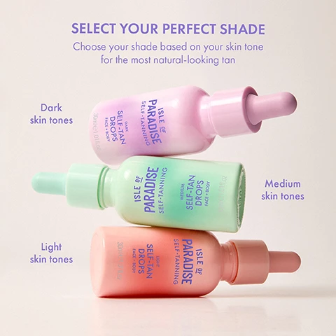 Image 1 - Three bottles of self-tanning drops are displayed, labeled for different skin tones: dark, medium, and light, with the text above reading SELECT YOUR PERFECT SHADE Choose your shade based on your skin tone for the most natural-looking tan.
              Image 2 - A dropper with liquid is shown above an open hand holding a small amount of cream, with text instructions on how to apply a tanning product, including steps and tips.
