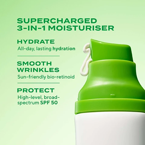 Image 1 - Image shows a green and white moisturizer bottle with text highlighting its features: Supercharged 3-in-1 Moisturiser, Hydrate: All-day, lasting hydration, Smooth Wrinkles: Sun-friendly bio-retinoid, Protect: High-level, broad-spectrum SPF 50.
              Image 2 - Image shows two tubes of skincare products on a green background; the left tube is labeled Age-Balancing Moisture SPF 30 with text indicating it contains photoestrogens and provides immediate hydration, while the right tube is labeled Superactive Moisturizer SPF 50 with text indicating its wrinkle-fighting and offers all-day hydration.
              Image 3 - A woman with a radiant smile is gently touching her cheek, conveying a sense of skincare and joy, with visible text highlighting product benefits and user agreement about non-irritation and effective results in one week.
              Image 4 - A smiling young woman holds a tube of Murad Superactive Moisturizer with SPF 50 near her face, with the text LIGHTWEIGHT FAST ABSORBING NO WHITE CAST visible.
              Image 5 - Four tubes of Murad superactive moisturizers are displayed, labeled Environmental Shield for brightening, Hydration for hydrating, Resurgence for wrinkle-fighting, and Oil + Pore Control, with the text CHOOSE YOUR SUPERACTIVE in bold green font above.
              Image 6 - A display of two skincare products, the Retinol Youth Renewal Serum and Superactive Moisturizer SPF 50, against a vibrant green background, with text that reads ENHANCE THE EFFICACY OF YOUR NIGHTTIME RETINOID ROUTINE DURING THE DAY! along with product benefits.