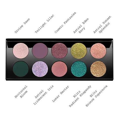 Image 1 - An eyeshadow palette with ten circular shades in various colors, including pink, purple, green, and glittery finishes, labeled with their names: Divine Dawn, Twilight Lilac, Cosmic Fantasies, Astral Eden Envy, Astral Sunset Splendor, Nocturnal Bloom, Astral Iridescent Iris, Lunar Nectar, Blitz Radiant Rhapsody, and Blitz Bronze Supernova.
              Image 2 - A close-up of two arms displaying ten colorful eyeshadow swatches in various shades, with the swatches labeled on the left side, including Divine Dawn, Nocturnal Bloom, Twilight Lilac, Astral Iridescent Iris, Cosmic Fantasies, Lunar Nectar, Astral Eden Envy, Blitz Radiant Rhapsody, Astral Sunset Splendor, and Blitz Bronze Supernova.
              Image 3 - Close-up of an eye featuring soft pink and iridescent eye makeup with three color swatches labeled Astral Iridescent Iris, Twilight Lilac, and Divine Dawn.
              Image 4 - A close-up of an eye showcasing dramatic makeup with deep green and gold eyeshadow, long eyelashes, and light brown iris, alongside text labels for three eyeshadow shades: ASTRAL EDEN ENVY, NOCTURNAL BLOOM, ASTRAL IRIDESCENT IRIS.
              Image 5 - A close-up of a womans eye showcasing eyeshadow with shades of purple and bronze, featuring visible text labels reading Twilight Lilac, Blitz Bronze Supernova, and Divine Dawn.