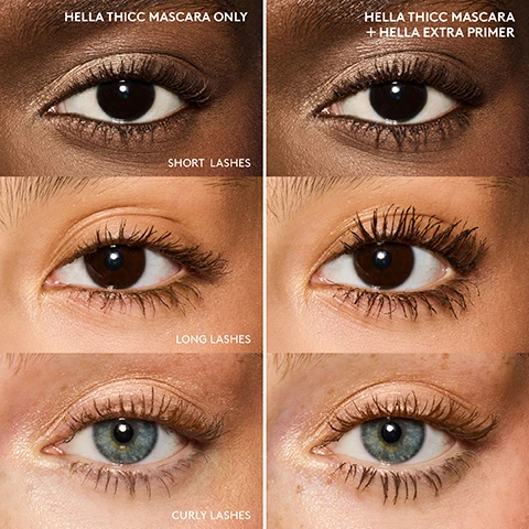 Image 1 - Image showing three pairs of eyes arranged in two rows, with labels indicating the effect of applying mascara and primer; the top left labels HELLA THICC MASCARA ONLY with SHORT LASHES, and the top right HELLA THICC MASCARA + HELLA EXTRA PRIMER, showing a more enhanced lash look; the bottom row features LONG LASHES on the left and CURLY LASHES on the right.
              Image 2 - Image of a Fenty Beauty mascara-boosting lash primer in a pale pink tube, with the text HELLA EXTRA MASCARA-BOOSTING LASH PRIMER 97% of users agreed that the mascara primer makes lashes look more dramatic than with mascara alone* • Extends mascara wear • Decreases smudging + flaking • Conditioning + nourishing feel • Coco Nude tint intensifies mascara color.
              Image 3 - Image shows two Fenty Beauty mascara products on a pink background with instructional steps for application; visible text includes THE ULTIMATE LASH COMBO, STEP 1: Apply Hella Extra Primer to lashes to extend mascara wear and stand up to smudging and flaking, STEP 2: Apply Hella Thicc Mascara in ultra-black shade CUZ IM BLACK or creamy brown shade LETZ BE BLUNT for a bold, lifted lash look.