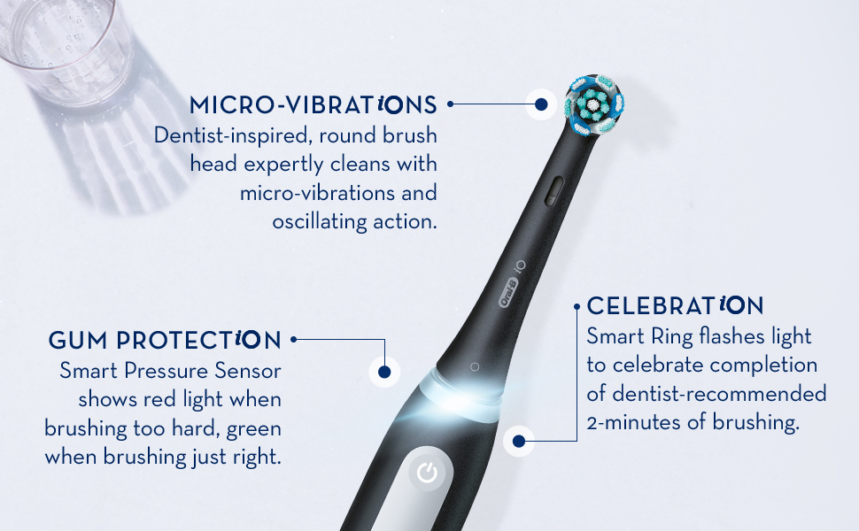 MICRO-VIBRATIONS Dentist-inspired, round brush head expertly cleans with micro-vibrations and oscillating action. GUM PROTECTION. Smart Pressure Sensor shows red light when brushing too hard, green when brushing just right. CELEBRATION Smart Ring flashes light to celebrate completion of dentist-recommended 2-minutes of brushing.