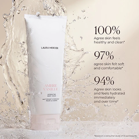 Image 1 - A tube of Laura Mercier Ambre Vanille hydrating body wash is surrounded by splashes of water, with percentages showing that 100% agree skin feels healthy and clean, 97% agree skin felt soft and comfortable, and 94% agree skin looks and feels hydrated immediately and over time.
              Image 2 - An overhead view of a partially sliced plum, whole plums, and leaves, with text reading Softens While Moisturizing and Nourishing Skin Plum Seed Oils and Combats Effects of Stress and Free Radicals on Skin Olive Oil and Myrtle Leaf.