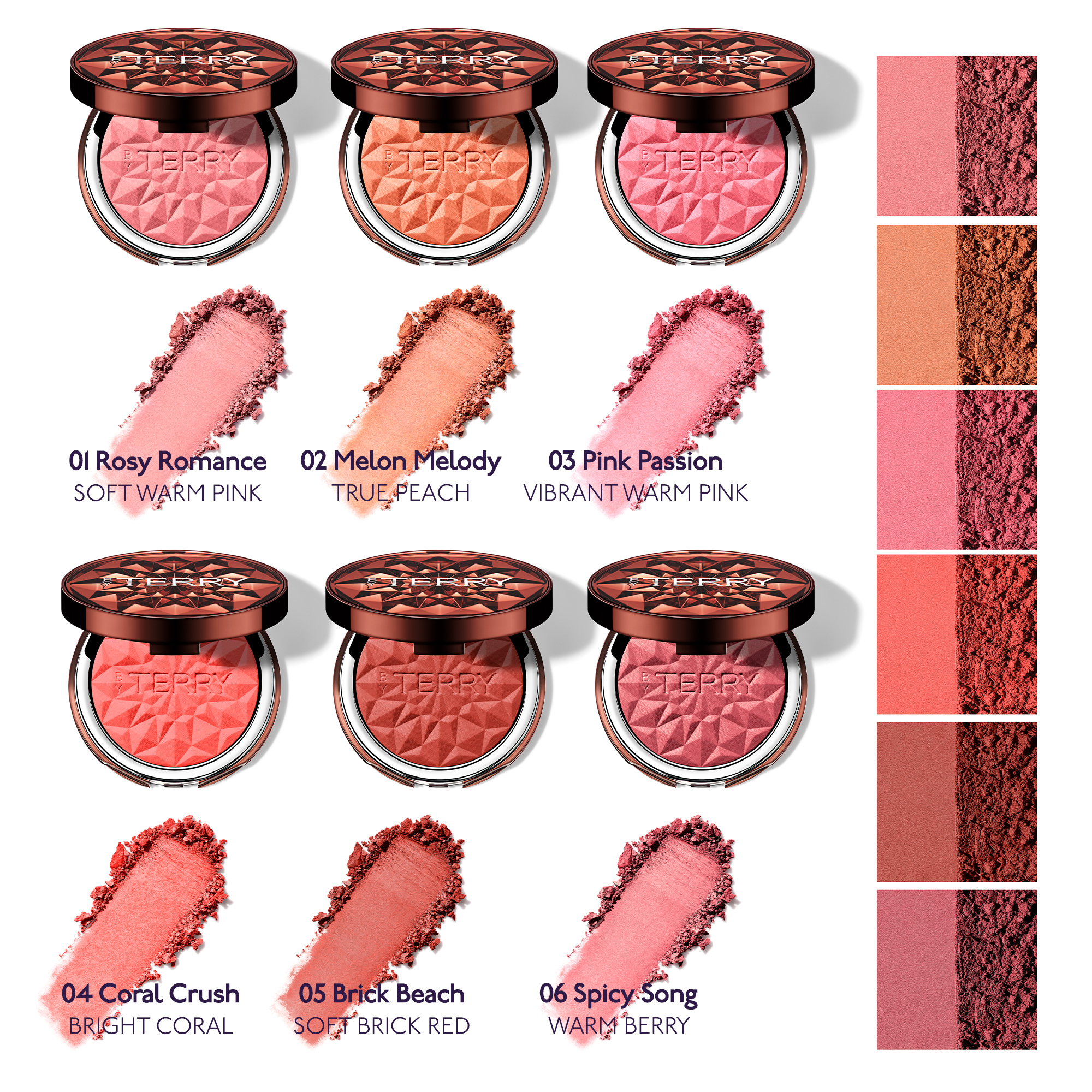 01 Rosy Romance. Soft Warm Pink. 02 Melon Melody True peach. 03 Pink passion vibrant warm pink. 04 coral crush. Bright coral. 05 Brick beach soft brick red. 06 spicy song warm berry.