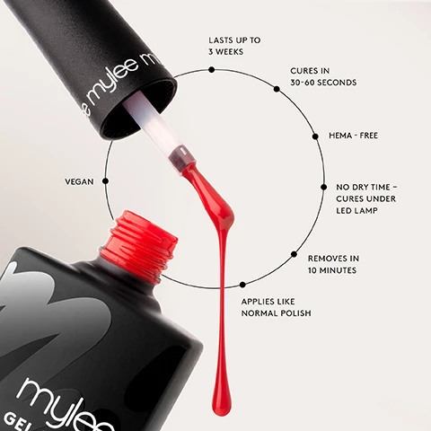 Image 1 - A bottle of red gel nail polish with a brush dripping polish, surrounded by text detailing product features including lasts up to 3 weeks, cures in 30-60 seconds, vegan, HEMA-free, no dry time – cures under LED lamp, removes in 10 minutes, and applies like normal polish.
              Image 2 - Image showing a step-by-step guide for nail care, featuring four steps with icons: 1. PREP - pushing back cuticles, filing, and cleansing with Mylee Prep & Wipe; 2. BASE - applying Mylee Base Coat and curing under a lamp for 30-60 seconds; 3. COLOUR - brushing on Mylee Gel Polish and curing for 30-60 seconds; 4. FINISH - applying Mylee Top Coat and curing for 30-60 seconds, with instructions on removing sticky layers.