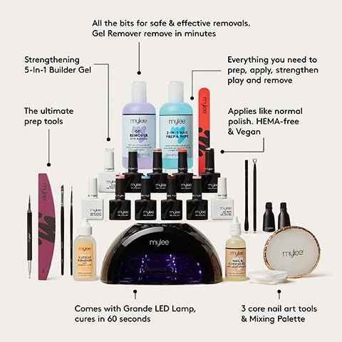 Image 1 - A comprehensive Mylee gel nail kit laid out on a surface, featuring bottles of gel polish, removers, prep solution, cuticle products, tools, a nail file, a LED lamp, and a mixing palette, with text labels describing the kit as All the bits for safe & effective removals. Gel Remover remove in minutes. Strengthening 5-In-1 Builder Gel. The ultimate prep tools. Everything you need to prep, apply, strengthen play and remove. Applies like normal polish. HEMA-free & Vegan. Comes with Grande LED Lamp, cures in 60 seconds. 3 core nail art tools & Mixing Palette. Image 2 - A black Mylee UV LED nail lamp with purple lights is shown with a digital display showing 60 and surrounding text labels highlighting features Digital countdown display 50000 hour lifespan 15 30 60 & 99 second cure times 99 second low heat mode Convex Curing Technology 5 finger curing Automatic sensors with removable base for pedicures Reflective base to bounce light and the brand name mylee. Image 3 - A diagram showing 6 steps for applying and removing gel nail polish with instructions and illustrations: Step-By-Step 1. PREP Prep your nails with Cuticle Remover, then use the Metal Cuticle Pusher to gently remove skin & push back cuticles. Use the 180 grit side of the Foam Nail File to remove shine and cleanse with Lint Free Wipes soaked in Prep & Wipe. mylee Cuticle Remover 2. BASE Apply a Base Coat and cure for 60 seconds. Use the Angled Brush for clean up. mylee Base Coat Gel Polish mylee 3. STRENGTHEN (OPTIONAL) & COLOUR: Apply the 5-in-1 Builder Gel, then cure for 60 seconds. Alternatively just add 2-3 thin layers of Gel Polish before curing as part of the same process. 4. PLAY Get creative with nail art by pouring polish onto the Mixing Palette and using the Dotting Tool or Nail Art Brush 9mm to design. Cure as needed. 5. FINISH Apply a layer of the No Wipe Top Coat and cure for 60 seconds. To finish, wash your hands and apply a little Cuticle Oil. Then youre set for up to 3 weeks. mylee 60 secs 6. REMOVE To remove, buff nails with a 180 grit Dual Sided Nail File, apply Gel Remover-soaked cotton pads secured with Soak Off Clips for 10-15 mins, remove pads, push off remaining gel with a Metal Cuticle Pusher, wash hands, and apply Cuticle Oil.