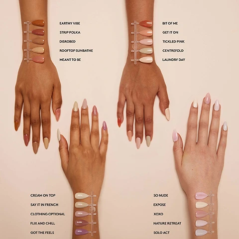 Image 1 - The image displays four hands featuring various nail polish colors, accompanied by four swatch sticks on wrists each showing five additional nail polish shades, with accompanying text labels: EARTHY VIBE, STRIP POLKA, DISROBED, ROOFTOP SUNBATHE, MEANT TO BE, BIT OF ME, GET IT ON, TICKLED PINK, CENTREFOLD, LAUNDRY DAY, CREAM ON TOP, SAY IT IN FRENCH, CLOTHING OPTIONAL, FLIX AND CHILL, GOT THE FEELS, SO NUDE, EXPOSE, XOXO, NATURE RETREAT, SOLO ACT. Image 2 - Four hands with darker skin tones and manicured nails display a wide range of nude, brown, pink, purple, and green-brown nail polish shades, with corresponding swatches on clear sticks applied to the forearms, each labeled with its name: Mother Nature, Never Fully Dressed, Nudist Beach, Birthday Suit, Skinny Dipping, Naturally Darling, Life Drawing, Soft Touch, For Your Eyes Only, Cozy Nights, In The Buff, My Everyday Muse, Without A Stitch, Not In The Mud, Wellie Boots, Birth of Venus, Caramel, Oh La La, Left On Read, Tainted Love. Image 3 - An open Mylee gel polish bottle and its brush with red polish dripping is displayed with an infographic detailing its features: Lasts up to 3 weeks, Cures in 30-60 seconds, Hema - Free, No dry time - Cures under LED lamp, Removes in 10 minutes, Applies like normal polish, Vegan. Image 4 - A four-step illustrated guide for applying gel nail polish, showing icons for preparation, base coat application, color application, and finishing, with the visible text Step-By-Step 1. PREP Push back your cuticles, file, buff & cleanse with a lint-free wipe soaked in Mylee Prep & Wipe. 2. BASE Apply the Mylee Base Coat and cure for 30-60 secs using the Mylee Pro LED Lamp. Remove any gel on your skin before curing! 3. COLOUR Brush on your chosen Mylee Gel Polish and cure for 30-60 secs using the Mylee Pro LED Lamp - repeat to build up the colour. 4. FINISH Apply a Mylee Top Coat and cure for 30-60 secs. For regular top coats, remove the sticky layer by wiping the nails with a lint-free wipe soaked in Mylee Prep & Wipe. Wash your hands, moisturise, and voila - you’re all set!