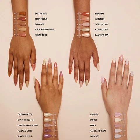 Image 1 - Image shows three hands with various nail polish swatches displayed next to them, featuring colors and labels like Earthy Vibe, Strip Polka, Disrobed, Rooftop Sunbathe, Meant to Be, Cream on Top, Say It in French, Clothing Optional, Flix and Chill, Got the Feels, Bit of Me, Get It On, Tickled Pink, Centrefold, Laundry Day, So Nude, Expose, XOXO, Nature Retreat, and Solo Act.
              Image 2 - A bottle of red gel nail polish with a brush pulling away from it, with text surrounding the image stating Lasts up to 3 weeks, Cures in 30-60 seconds, HEMA-free, No dry time - cures under LED lamp, Removes in 10 minutes, and Applies like normal polish, along with the brand name mylee.
              Image 3 - Image shows several hands with manicured nails in different shades, arranged around color swatches of nail polish with visible text labels for each color, including “MOTHER NATURE,” “NEVER FULLY DRESSED,” and “BIRTH OF VENUS.”
              Image 4 - Step-by-step guide for applying gel polish showing four numbered steps: 1. PREP with a nail file and a lint-free wipe; 2. BASE with a base coat and an LED lamp; 3. COLOUR with gel polish and an LED lamp; 4. FINISH with a top coat, with the text 30-60 secs displayed under the lamp icon.