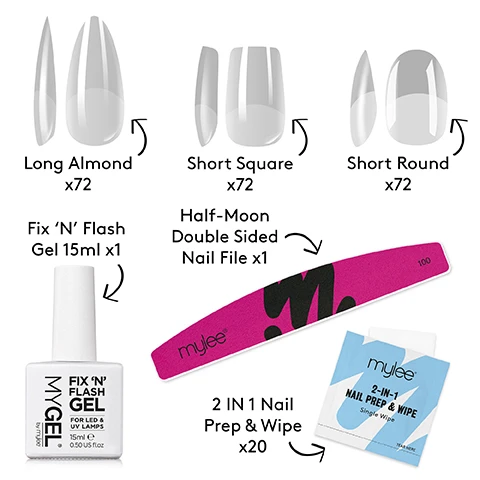 Image 1 - An image shows nail extension products including clear nails labelled Long Almond x72 Short Square x72 and Short Round x72 a bottle labelled Fix N Flash Gel 15ml x1 a nail file labelled Half-Moon Double Sided Nail File x1 and a packet labelled 2 IN 1 Nail Prep & Wipe x20.
              Image 2 - A hand demonstrates clear nail tips with text annotations listing features: SOAK-OFF Quick and easy removal by soaking in gel remover or acetone, GEL EXTENSIONS A super quick way to get gorgeous gel extensions, GEL TIPS Lightweight and flexible tips that can be adhered with gel, not super-glue, PRE-BUFFED No need to buff the tip before application, meaning quick application, LED AND UV CURABLE Can be used with your existing Mylee lamp, THIN AND FLEXIBLE Comfortable to wear and less likely to break or snap, PRE-SHAPED These tips are already shaped perfectly for you.