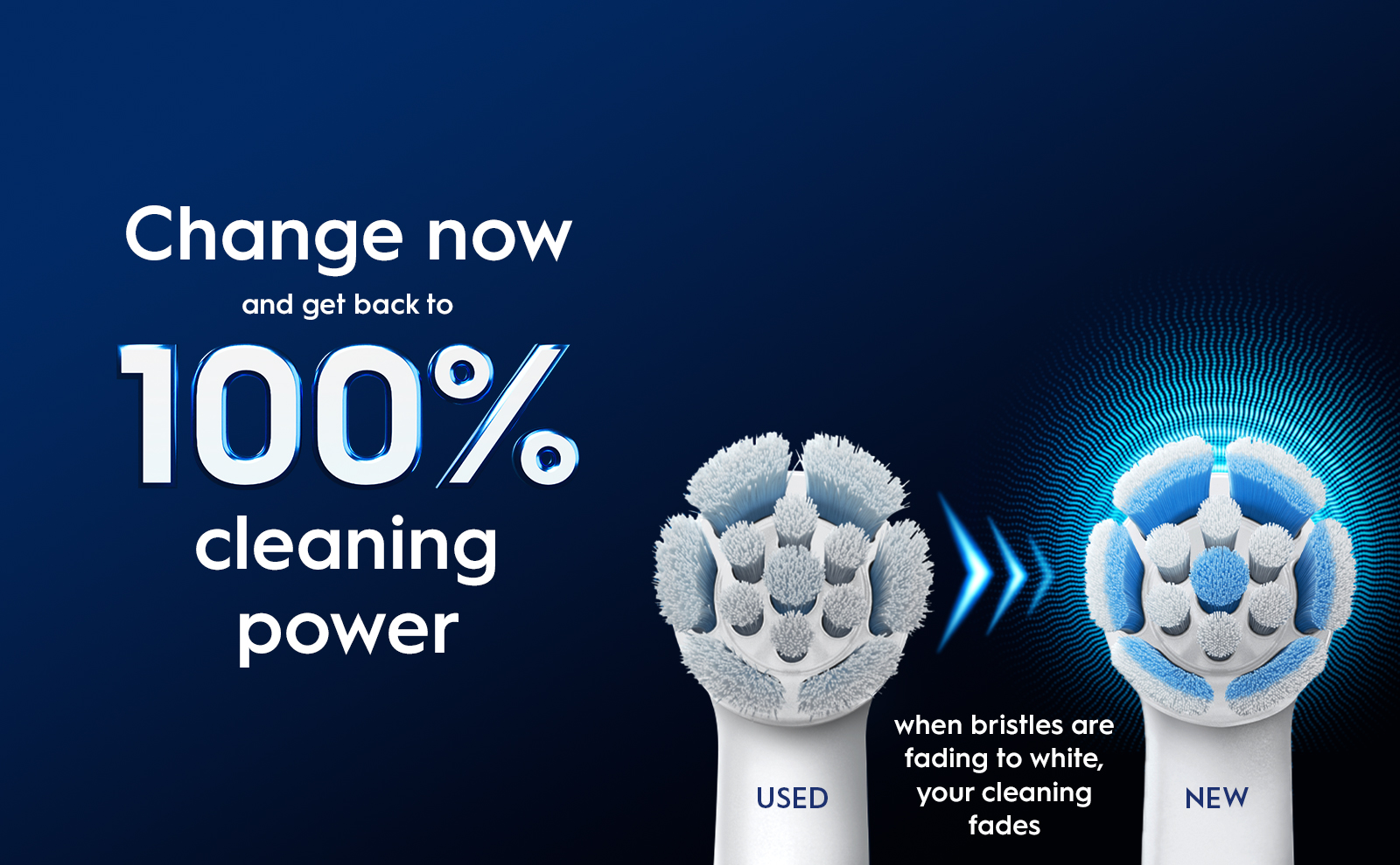 Used and new Oral-B brush heads side by side to show when it's time to change.