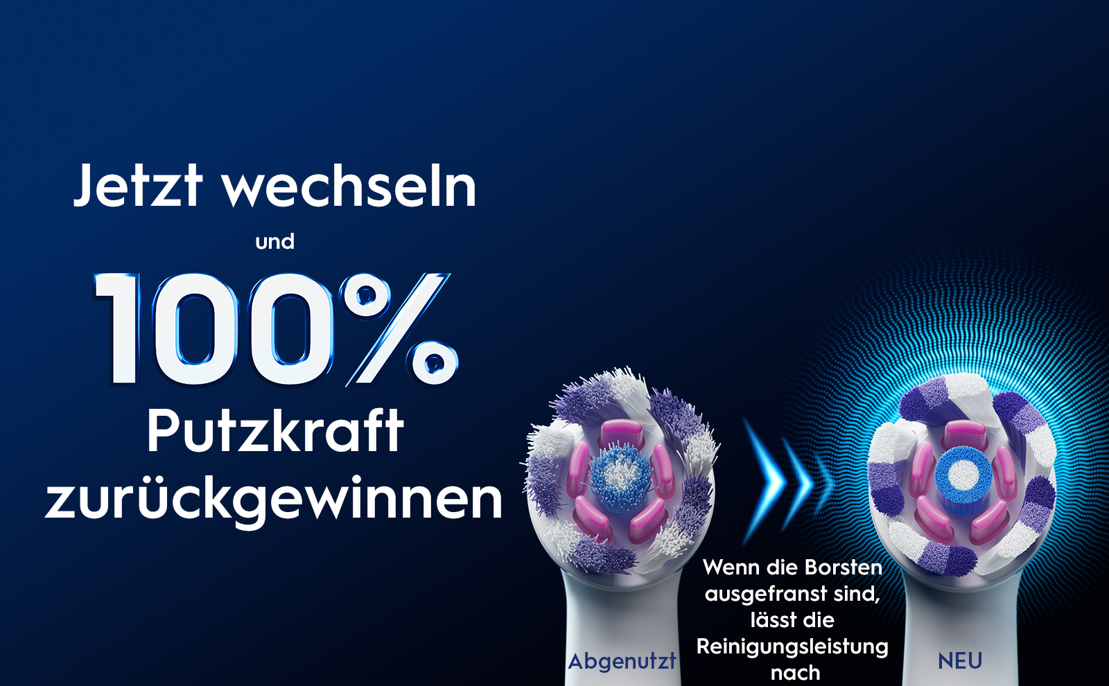 Jetzt wechseln und 100% Putzkraft zurückgewinnen Abgenutzt Wenn die Borsten ausgefranst sind, lässt die
                                  Reinigungsleistung nach NEU