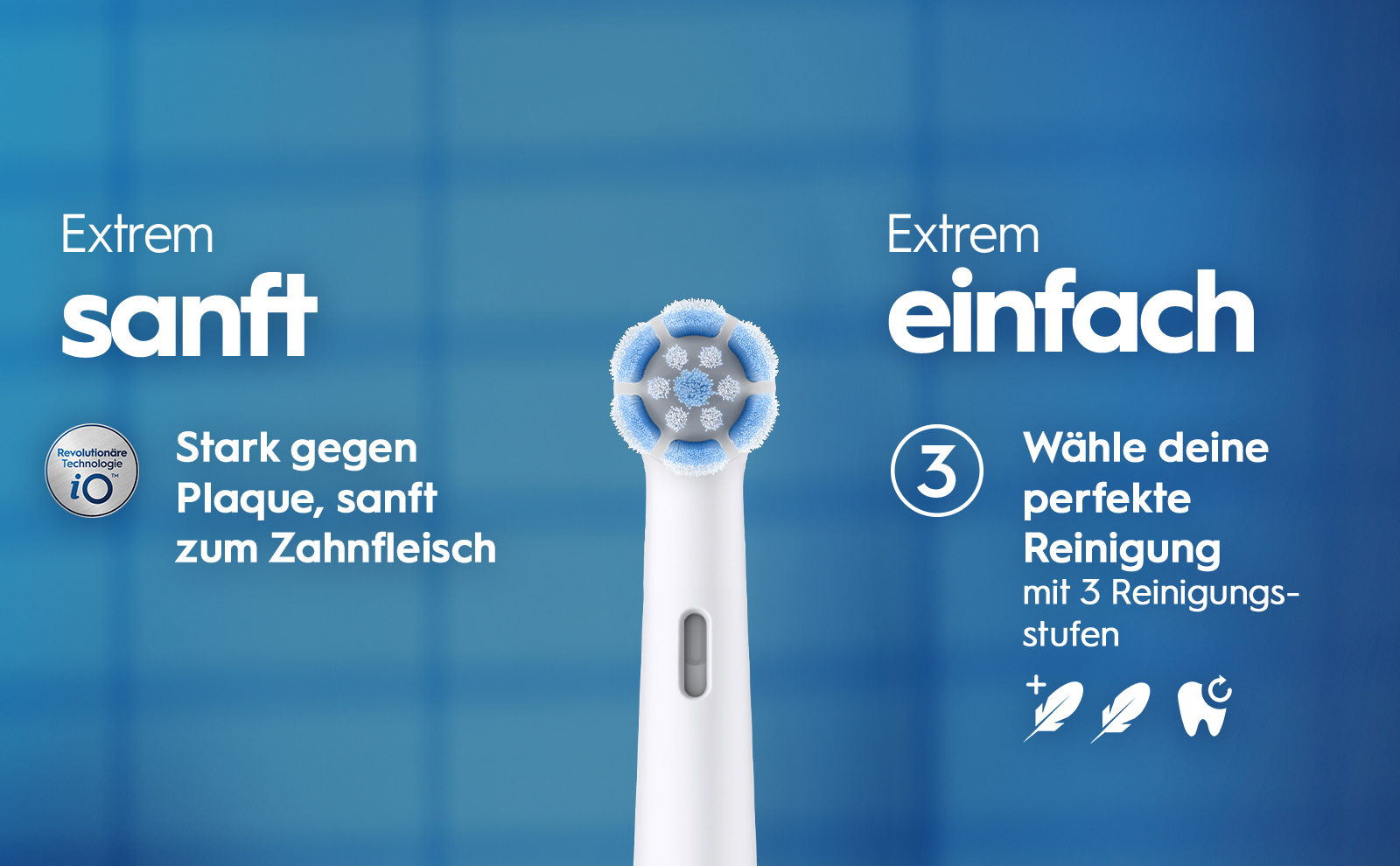 An electric toothbrush is displayed against a blue background, featuring the words Extrem sanft and Extrem einfach alongside the text Stark gegen Plaque, sanft zum Zahnfleisch and Wähle deine perfekte Reinigung mit 3 Reinigungs-stufen, with an image of three different cleaning mode icons.