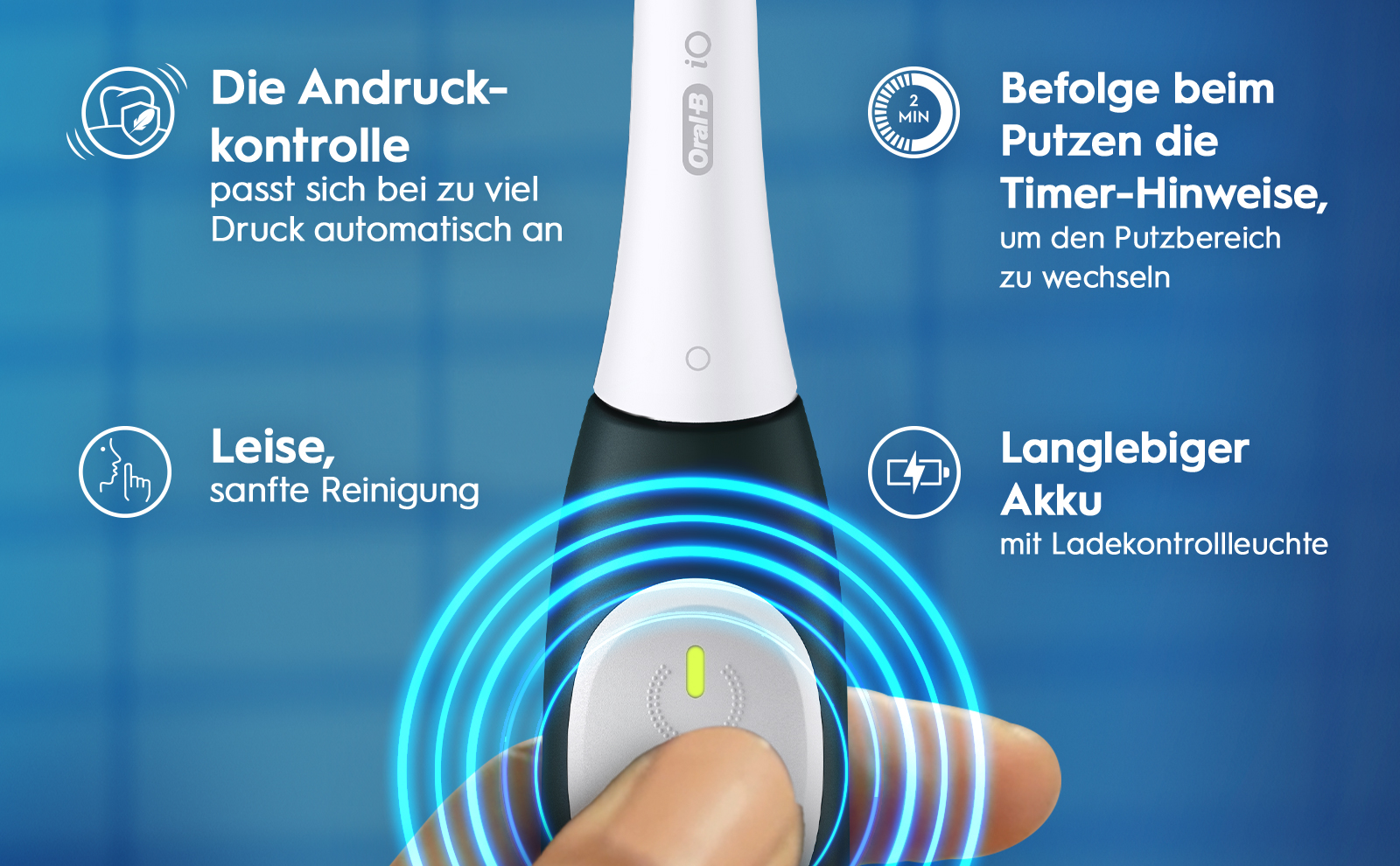 An image of an electric toothbrush being held, with icons and text that describe features: Die Andruckkontrolle passt sich bei zu viel Druck automatisch an, Leise, sanfte Reinigung, Befolge beim Putzen die Timer-Hinweise, um den Putzbereich zu wechseln, Langlebiger Akku mit Ladekontrollleuchte.