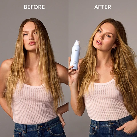 Image 1 - A woman with long, wavy hair is shown in two side-by-side images labeled BEFORE and AFTER, with the woman on the right holding a bottle of OUAI hair product.
              Image 2 - A woman with long dark hair poses confidently holding a bottle of hair product above her forehead, wearing a black, sequined tank top, with text beside her stating SUPER ABSORBENT ABSORBS OIL, DIRT & SWEAT, SUPER INVISIBLE BLENDS SEAMLESSLY, and SUPER FRESH FRESH & INVIGORATING CAPE TOWN SCENT.
              Image 3 - A light blue bottle of OUAI dry shampoo is surrounded by fresh herbs and plants, including ginger, green fig, tomato leaf, and wet grass, with the text FRESH & INVIGORATING CAPE TOWN FRAGRANCE and NOTES OF: WET GRASS, GINGER, GREEN FIG, TOMATO LEAF visible.
              Image 4 - Image of two cans of OUAI super dry shampoo, one in a light pink labeled Melrose Place and another in light blue labeled Cape Town, with text indicating new and improved, along with percentages showing 94% said it effectively absorbed oil and 93% said it left hair looking clean and not greasy.
              Image 5 - Four-panel tutorial image featuring a woman demonstrating hair care steps: Step 1 shows her with wet hair and the text SKIP THE SHOWER, Step 2 depicts her spraying product on dry hair with the text SHAKE WELL & SPRAY ON DRY HAIR 6-8 INCHES FROM ROOTS, Step 3 shows her using her fingers to distribute the product with the text USE YOUR FINGERS OR A BRUSH TO WORK IT ALL THE OUA IN, and Step 4 shows her with styled hair and the text USE BETWEEN WASH DAYS OR BLOWSOUTS TO STAY FEELING FRESH.
              Image 6 - A hand is holding a light blue can of OUAI Super Dry Shampoo with visible text indicating its features, including Super Double Starch Blend helps to absorb oil, dirt & sweat, Cape Town Scent leaves hair feeling super fresh & clean, and product details at the bottom.
              Image 7 - Image shows a close-up view of a persons hair, with the left side labeled BEFORE displaying wet hair and a visible scalp, and the right side labeled AFTER showing dry, shiny hair with a less noticeable scalp.