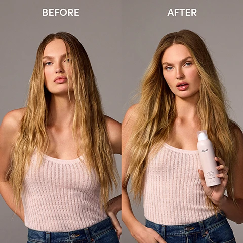 Image 1 - Image shows a side-by-side comparison of a womans hair with the left labeled BEFORE showing long, slightly dull hair and the right labeled AFTER showcasing shiny, healthier hair, with the woman holding a bottle of hair product labeled QUAI.
              Image 2 - A woman with long blonde hair sprays a product onto her roots while wearing a light pink tank top, with text on the left side stating “SUPER ABSORBENT ABSORBS OIL, DIRT & SWEAT,” “SUPER INVISIBLE BLENDS SEAMLESSLY,” and “SUPER FRESH VELVETY-RICH & ROSY MELROSE PLACE SCENT.”
              Image 3 - A bottle of OUAI Melrose Place fragrance dry shampoo is displayed surrounded by colorful flowers and fruits, with visible text reading VELVETY-RICH & ROSY MELROSE PLACE FRAGRANCE and NOTES OF: ROSE, FREESIA, BERGAMOT, LYCHEE, BERRY.
              Image 4 - Two bottles of OUAI Super Dry Shampoo are displayed against a dark background; one bottle is a light pink labeled Melrose Place and the other is a light blue labeled Cape Town, with visible text stating SUPER NEW & IMPROVED, 94% SAID IT EFFECTIVELY ABSORBED OIL, and 93% SAID IT LEFT HAIR LOOKING CLEAN & NOT GREASY.
              Image 5 - Four images showing a model demonstrating hair care steps: Step 1 shows the model with long hair, with the text SKIP THE SHOWER above; Step 2 shows her spraying hair with a product, with the text SHAKE WELL & SPRAY ON DRY HAIR 6-8 INCHES FROM ROOTS; Step 3 shows her using fingers to style her hair, with the text USE YOUR FINGERS OR A BRUSH TO WORK IT ALL THE QUI IN; Step 4 shows her holding the product, with the text USE BETWEEN WASH DAYS OR BLOWOUTS TO STAY FEELING FRESH.
              Image 6 - A hand holding a spray can of OUAI Super Dry Shampoo with a light pink label, featuring text that includes SUPER DOUBLE STARCH BLEND HELPS TO ABSORB OIL, DIRT & SWEAT and MELROSE PLACE SCENT LEAVES HAIR FEELING SUPER FRESH & CLEAN.
              Image 7 - Side-by-side comparison of a womans hair, showing the scalp before treatment on the left and after treatment on the right, with visible text BEFORE on the left and AFTER on the right.