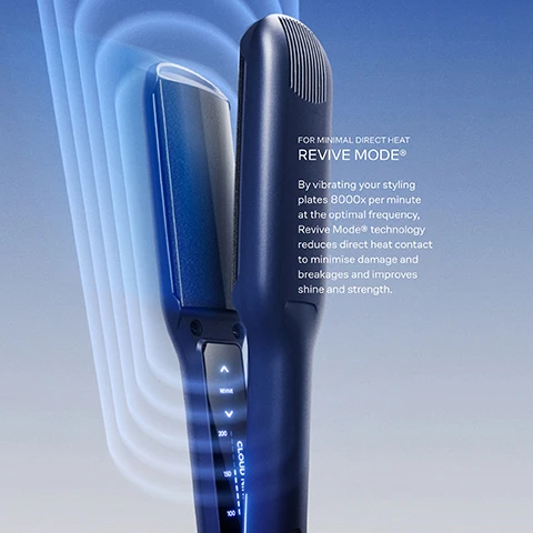 Image 1 - A dark blue hair straightener with blue wave effects and a digital display, showing text on the right that says FOR MINIMAL DIRECT HEAT REVIVE MODE® By vibrating your styling plates 8000x per minute at the optimal frequency, Revive Mode® technology reduces direct heat contact to minimise damage and breakages and improves shine and strength. Image 2 - A dark blue hair straightener showing the digital display with temperatures and the Cloud Nine logo, alongside text describing the 11 temperature settings which reads FOR HEALTHIER STYLING 11 TEMPERATURE SETTINGS Select your optimum styling temperature from 11 heat settings between 100°C and 200°C. Whatever your hair type, it responds better when styled at the perfect temperature - the right setting reduces damage from excessive heat and promotes healthier hair. Image 3 - A dark blue hair straightener with open plates is shown next to text that reads FOR A GLOSSIER FINISH SERICITE® PLATES Sericite®-infused, curved styling plates lock in moisture and distribute heat evenly to promote strength, frizz-free shine and long-lasting health. Image 4 - A navy blue hair straightener is shown with feature labels [01.] KINDER SERICITE® PLATES, [02.] PRESSURE-REDUCING REVIVE MODE*, [03.] PERSONALISED TEMPERATURE CONTROL, and the brand name CLOUD NINE.