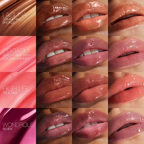 Image 1 - A grid of four rows showing close-up images of lips in different shades: the top row features a shimmering bronze labeled Laguna, the second row shows a peachy pink with golden shimmer labeled Orgasm, the third row displays a true pink labeled High Life, and the bottom row showcases a berry shade labeled Wondrous.
              Image 2 - A hand with bright red nails holds two lip products on a blue background, with text that reads LONG-LASTING HYDRATION, NOURISHES AND SOFTENS LIPS, and COMFORTABLE, SHEER COLOR.