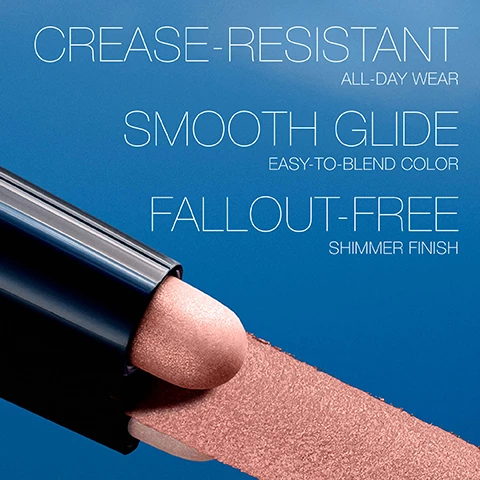 Image 1 - A close-up image of a makeup applicator with a rosy-pink shimmer eye shadow, with text that reads: CREASE-RESISTANT ALL-DAY WEAR, SMOOTH GLIDE EASY-TO-BLEND COLOR, FALL-OUT-FREE SHIMMER FINISH.
              Image 2 - A grid of various eyeshadow shades on models eyelids, showcasing colors like champagne, peachy pink, bronze, taupe, and lavender, with labeled swatches reading ABLAZE, ORGASM, HUSTLE, LAGUNA, LIVING SIN, MIND GAMES, SPARKED, and WIRED.